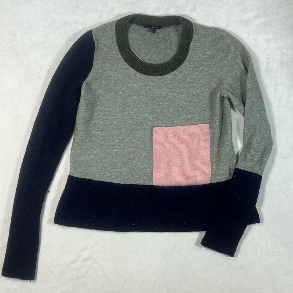 COS Wool Blend XS Crewneck Shaggy Sweater Front Pocket Colorblock